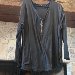 Black Zipper V-Neck Women's Top